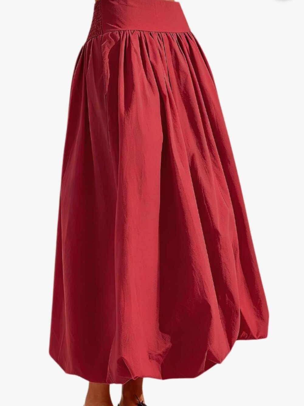 Amazon Red Maxi Bubble Skirt Elastic Waist Long Puff Skirt Ruffle
